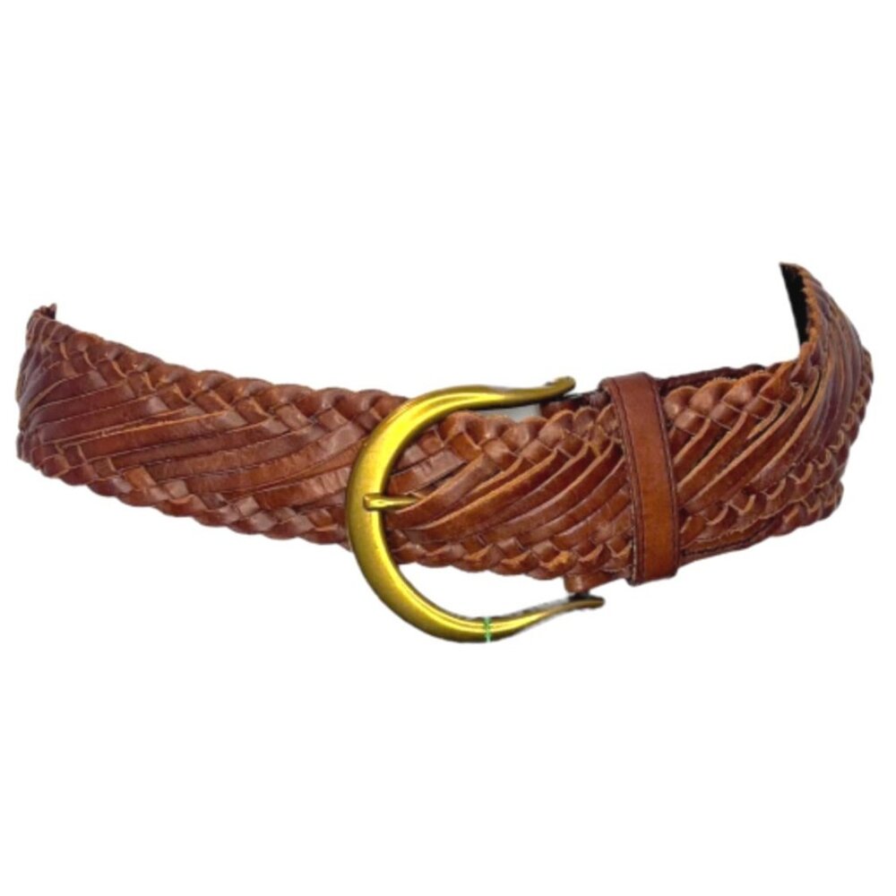 LINEA PELLE Wide Braided Woven Leather Belt S Brass D-Ring 39" Festival Boho